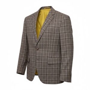 Jeff Banks London Men's Gray Fawn Plaid Wool Blend Blazer Size 44R